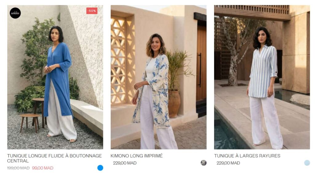 Tuniques longues et looks imprimés bleu et blanc